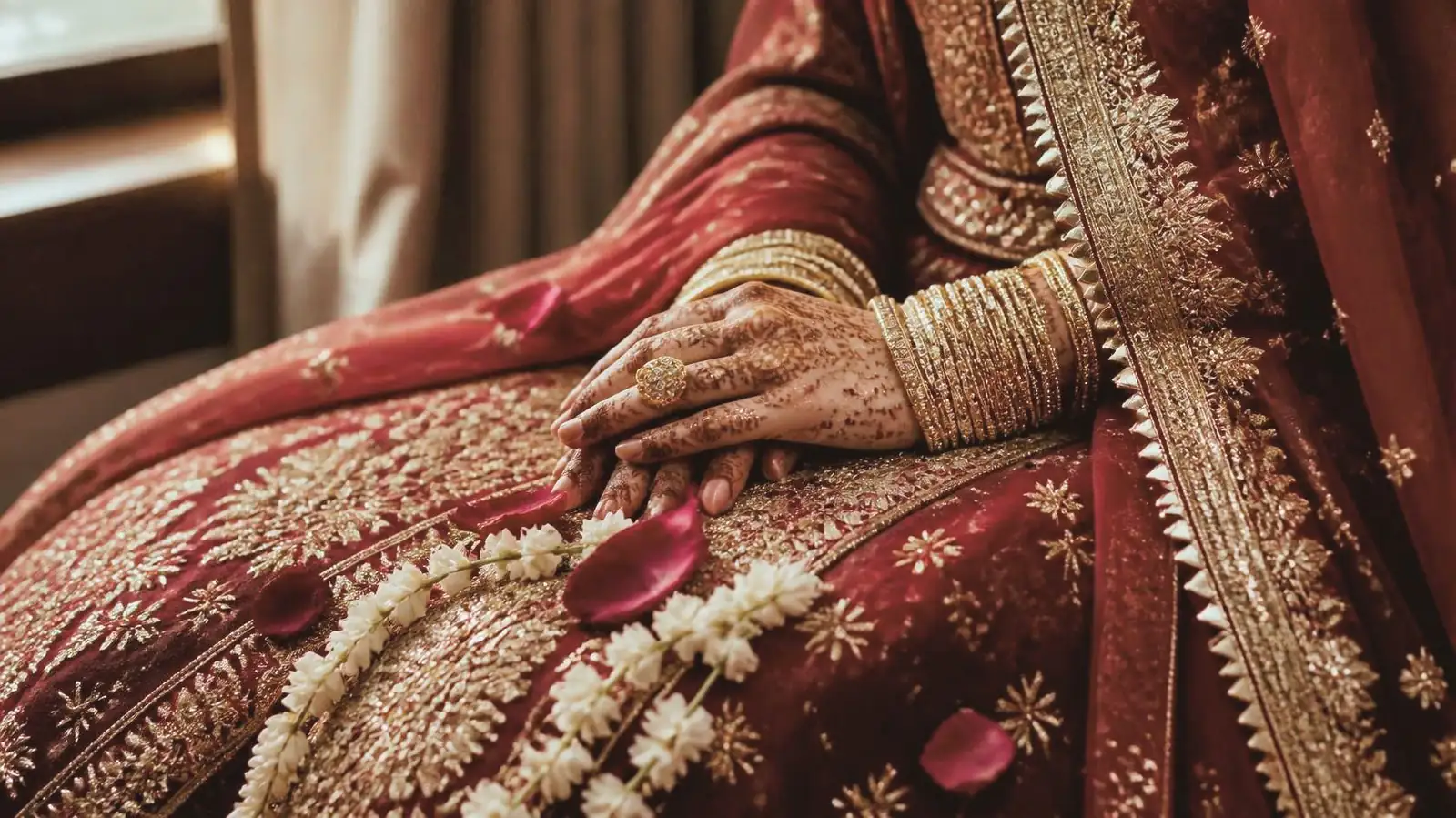 A bride's mehndi hands with gold churiyan resting on a red bridal lehenga with gold embroidery, motia and rose petals
