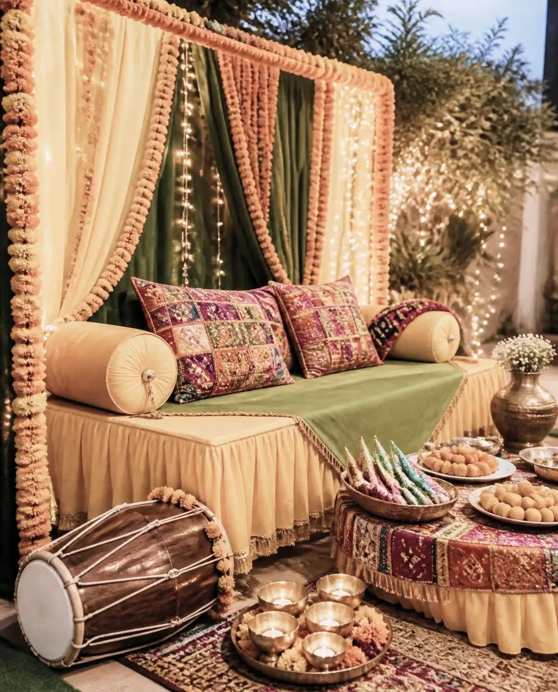 A Mehndi stage with a yellow and green takht, gao takiye, genda garlands, fairy lights, a dholak and mithai